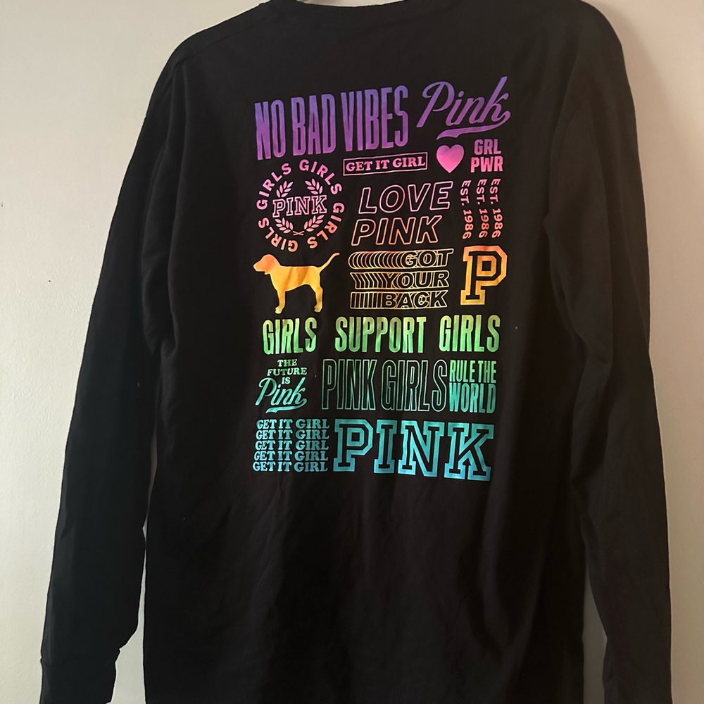 New VS PINK black rainbow long sleeve campus t-shirt